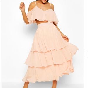 Chiffon Shoulder Top & Ruffle Midi Skirt Two-Piece
Set